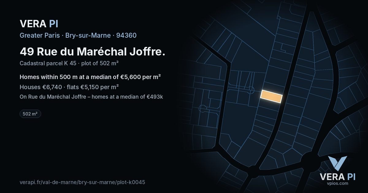 49 Rue du Maréchal Joffre, Bry-sur-Marne at night – the plot lit, the parcels around coloured by the prices near them