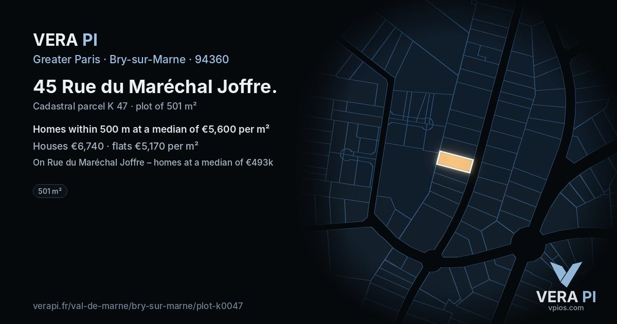 45 Rue du Maréchal Joffre, Bry-sur-Marne at night – the plot lit, the parcels around coloured by the prices near them