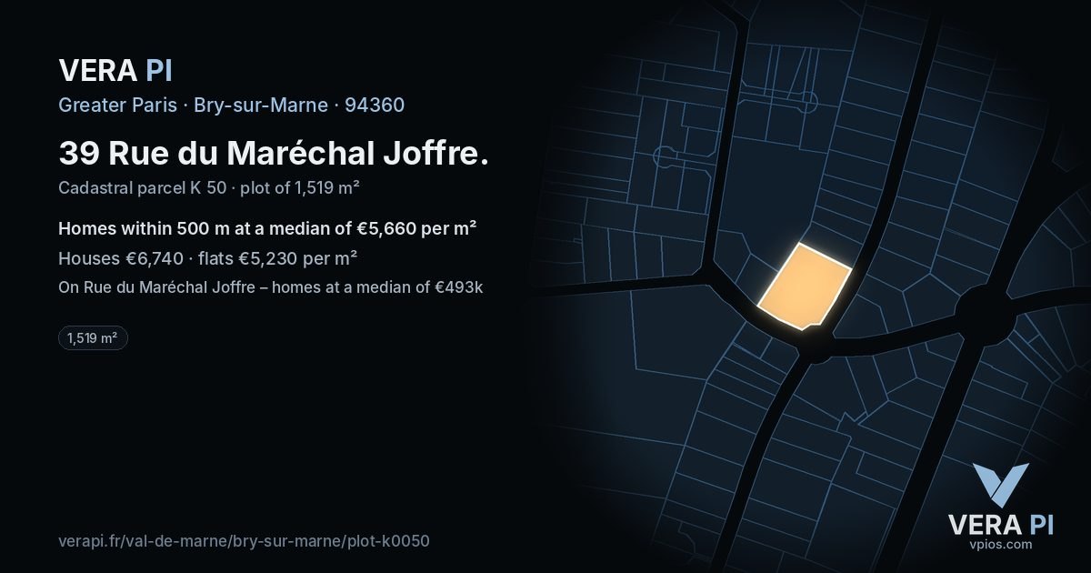 39 Rue du Maréchal Joffre, Bry-sur-Marne at night – the plot lit, the parcels around coloured by the prices near them