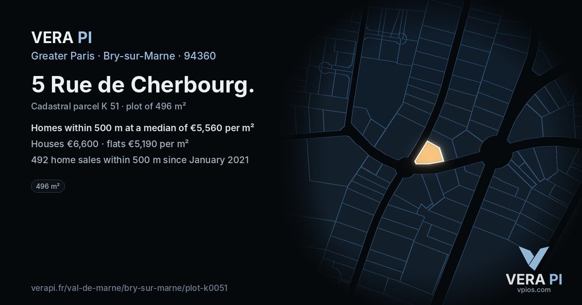 5 Rue de Cherbourg, Bry-sur-Marne at night – the plot lit, the parcels around coloured by the prices near them