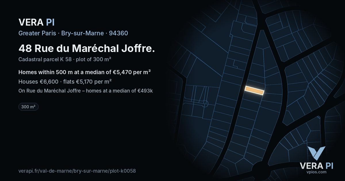 48 Rue du Maréchal Joffre, Bry-sur-Marne at night – the plot lit, the parcels around coloured by the prices near them