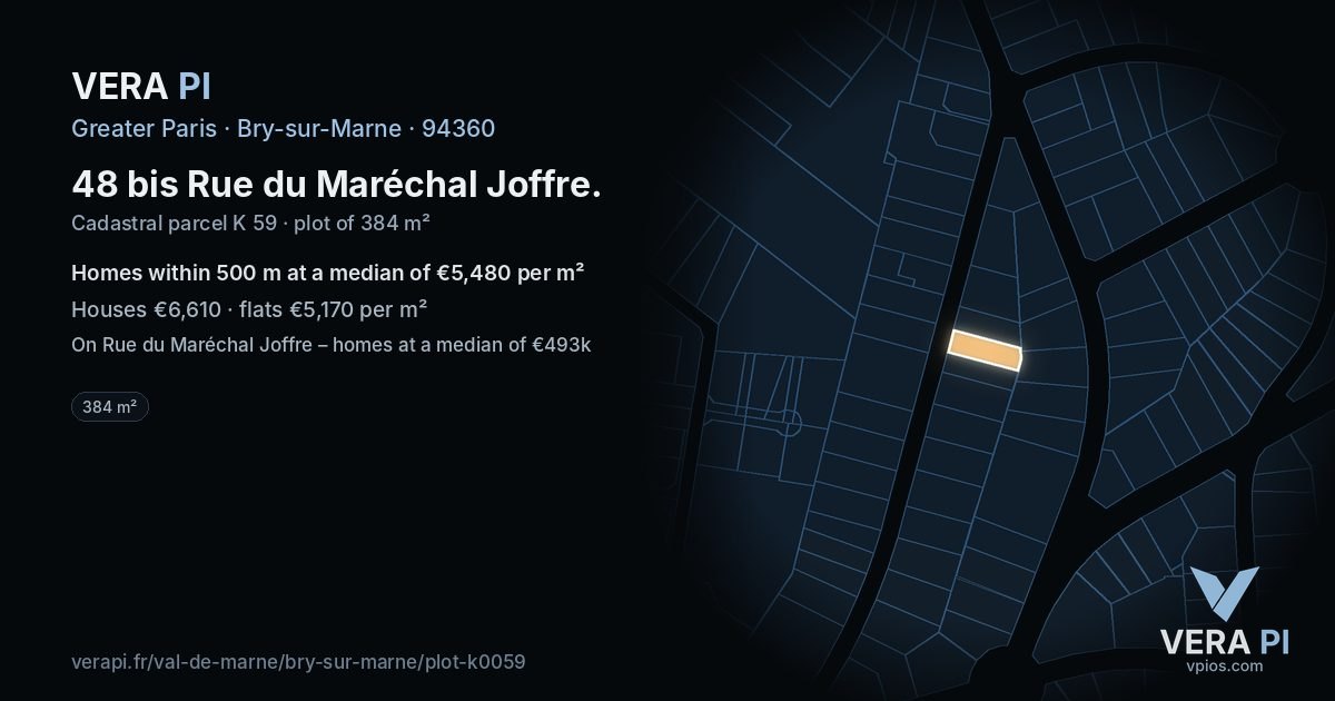 48 bis Rue du Maréchal Joffre, Bry-sur-Marne at night – the plot lit, the parcels around coloured by the prices near them