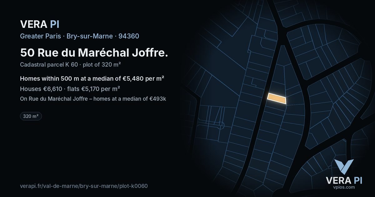 50 Rue du Maréchal Joffre, Bry-sur-Marne at night – the plot lit, the parcels around coloured by the prices near them