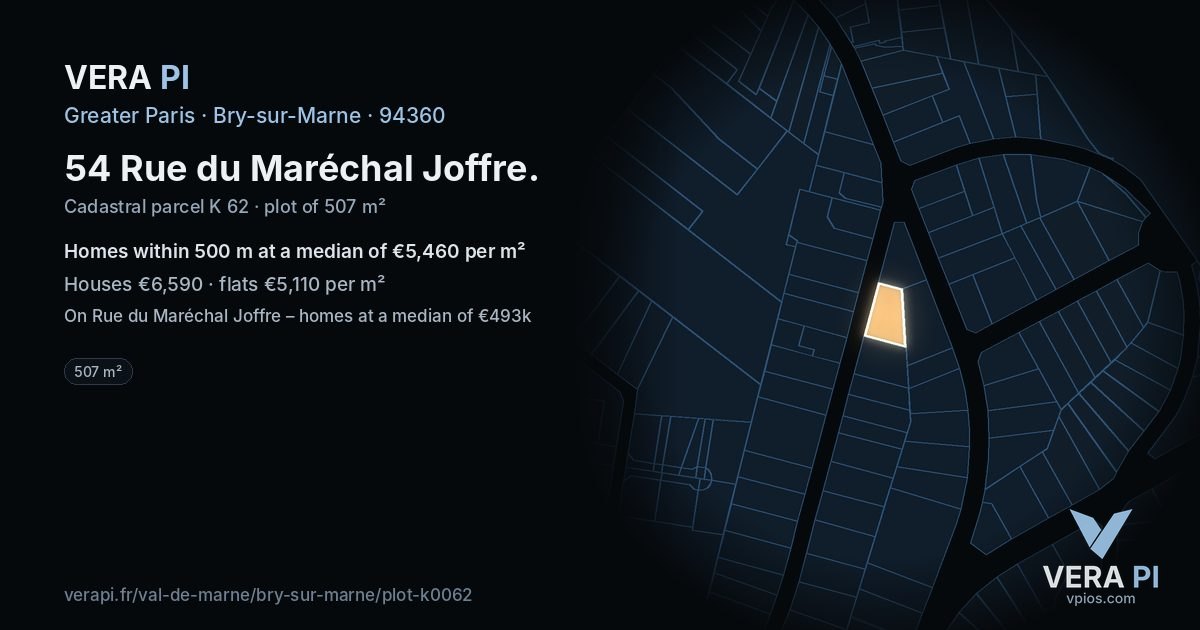 54 Rue du Maréchal Joffre, Bry-sur-Marne at night – the plot lit, the parcels around coloured by the prices near them