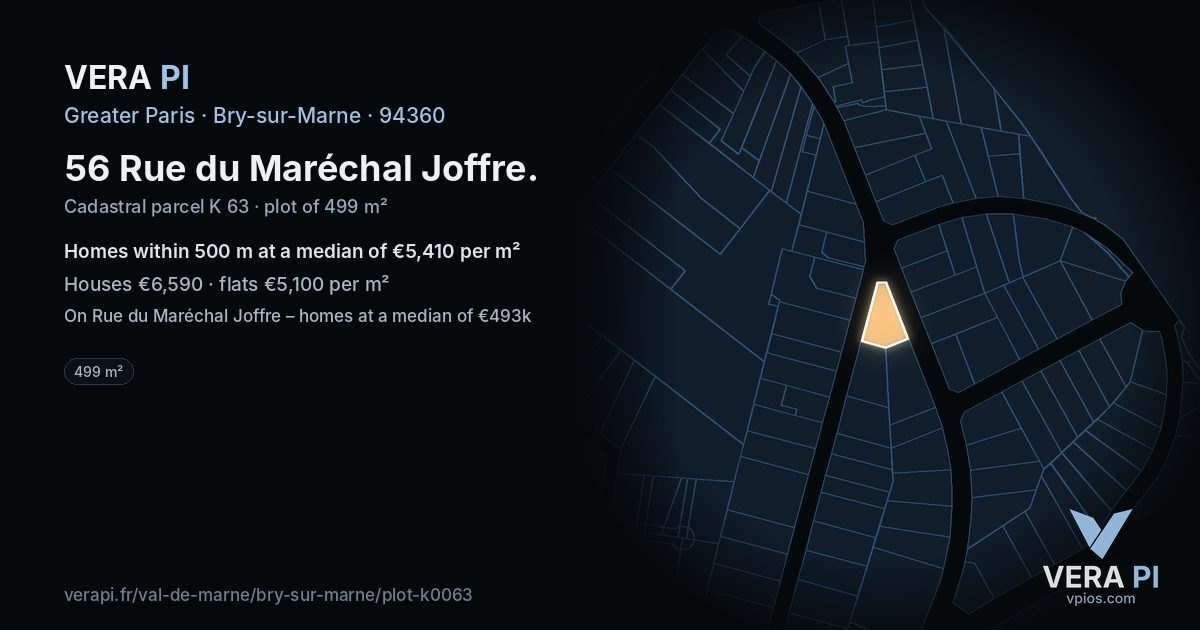 56 Rue du Maréchal Joffre, Bry-sur-Marne at night – the plot lit, the parcels around coloured by the prices near them