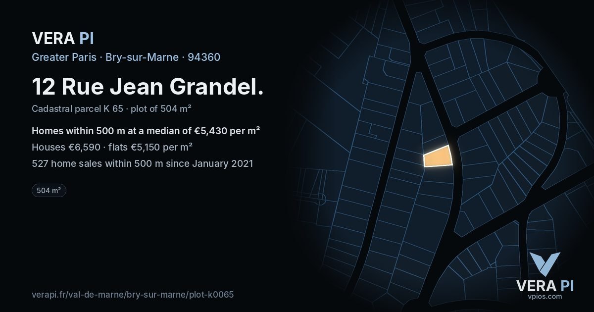 12 Rue Jean Grandel, Bry-sur-Marne at night – the plot lit, the parcels around coloured by the prices near them