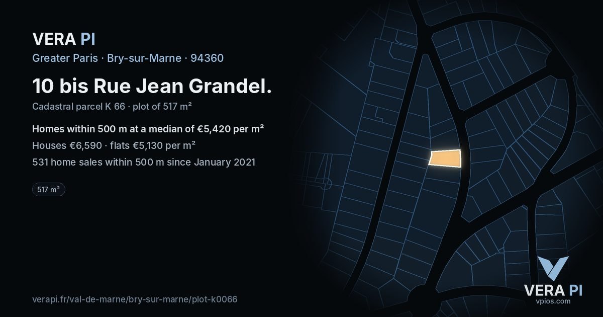 10 bis Rue Jean Grandel, Bry-sur-Marne at night – the plot lit, the parcels around coloured by the prices near them