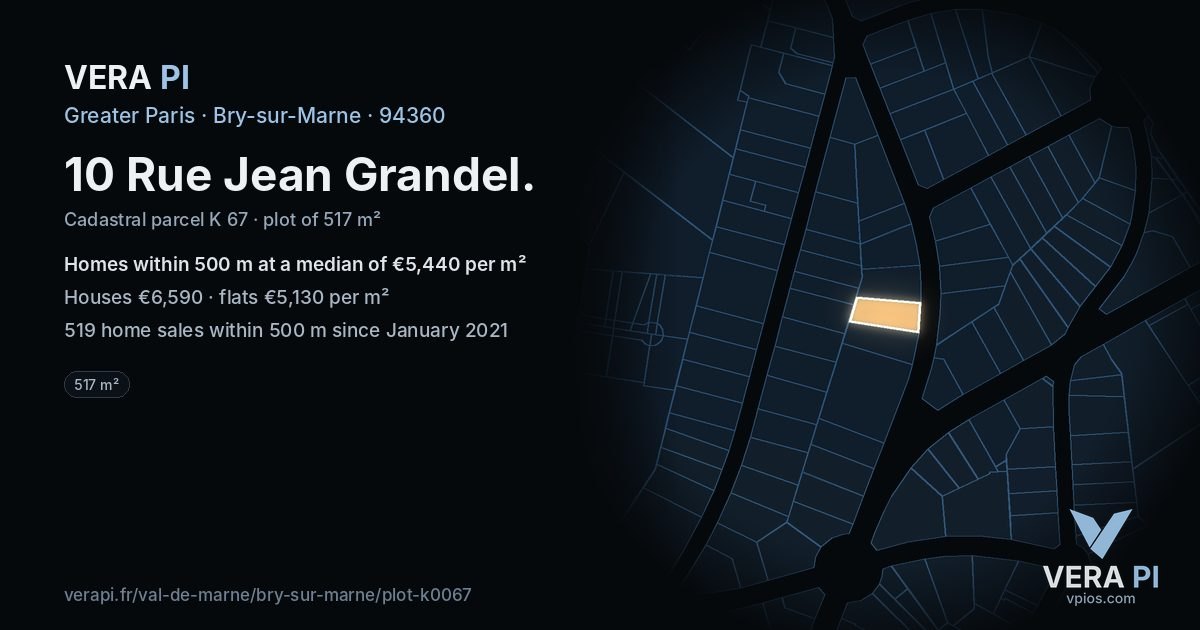 10 Rue Jean Grandel, Bry-sur-Marne at night – the plot lit, the parcels around coloured by the prices near them