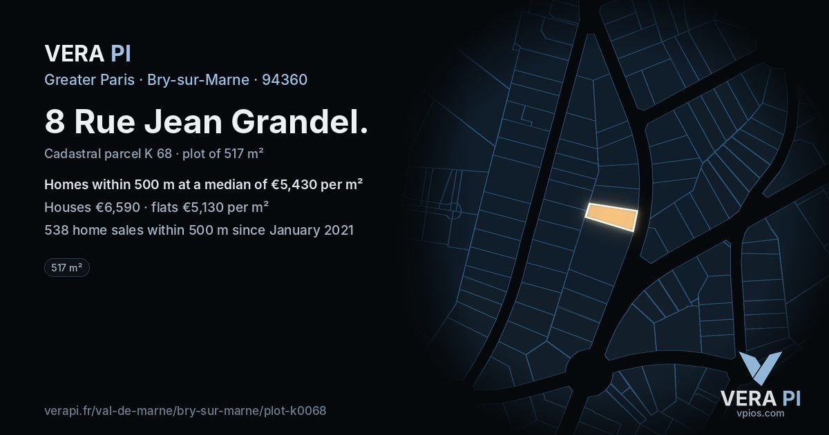 8 Rue Jean Grandel, Bry-sur-Marne at night – the plot lit, the parcels around coloured by the prices near them