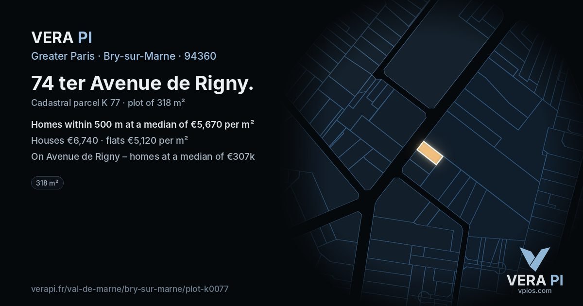 74 ter Avenue de Rigny, Bry-sur-Marne at night – the plot lit, the parcels around coloured by the prices near them