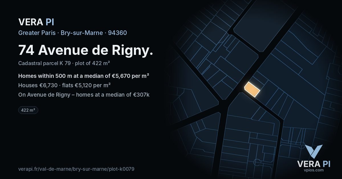 74 Avenue de Rigny, Bry-sur-Marne at night – the plot lit, the parcels around coloured by the prices near them