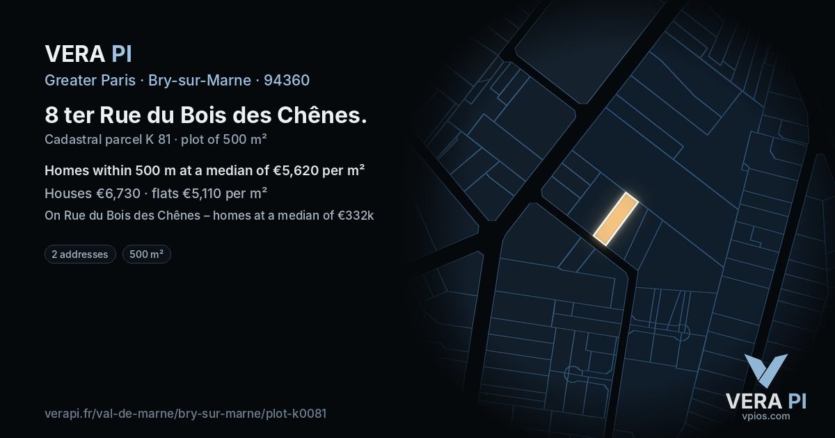 8 ter Rue du Bois des Chênes, Bry-sur-Marne at night – the plot lit, the parcels around coloured by the prices near them