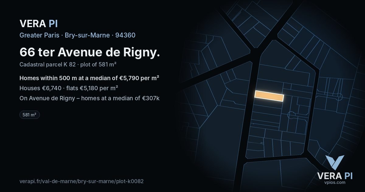 66 ter Avenue de Rigny, Bry-sur-Marne at night – the plot lit, the parcels around coloured by the prices near them