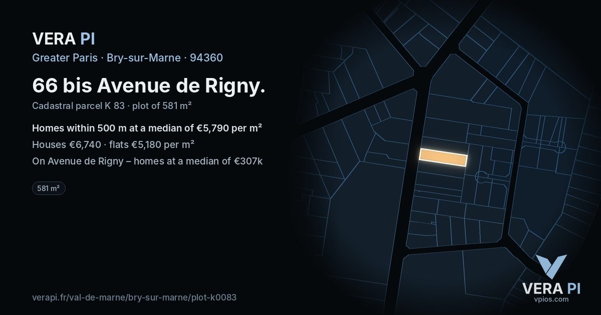 66 bis Avenue de Rigny, Bry-sur-Marne at night – the plot lit, the parcels around coloured by the prices near them