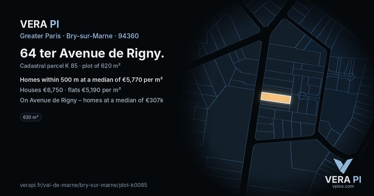 64 ter Avenue de Rigny, Bry-sur-Marne at night – the plot lit, the parcels around coloured by the prices near them