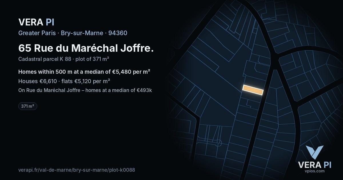 65 Rue du Maréchal Joffre, Bry-sur-Marne at night – the plot lit, the parcels around coloured by the prices near them