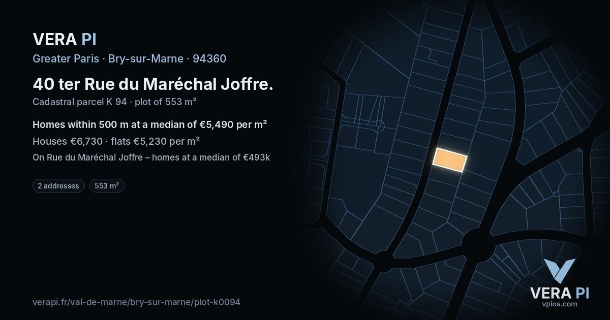 40 ter Rue du Maréchal Joffre, Bry-sur-Marne at night – the plot lit, the parcels around coloured by the prices near them