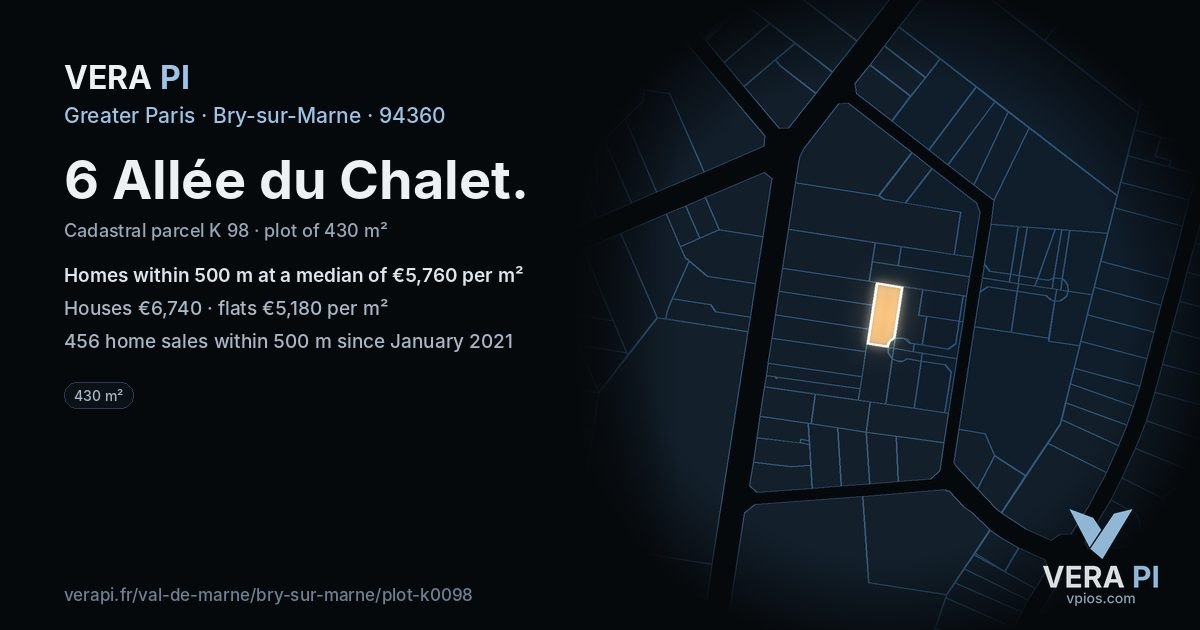 6 Allée du Chalet, Bry-sur-Marne at night – the plot lit, the parcels around coloured by the prices near them
