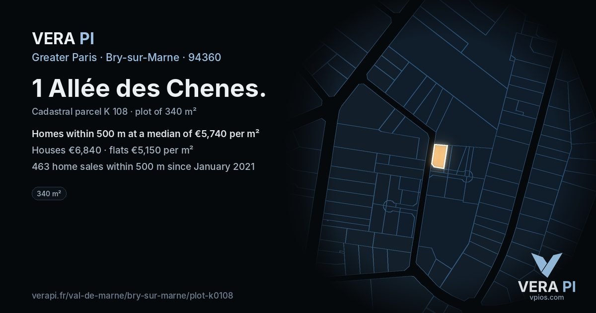 1 Allée des Chenes, Bry-sur-Marne at night – the plot lit, the parcels around coloured by the prices near them
