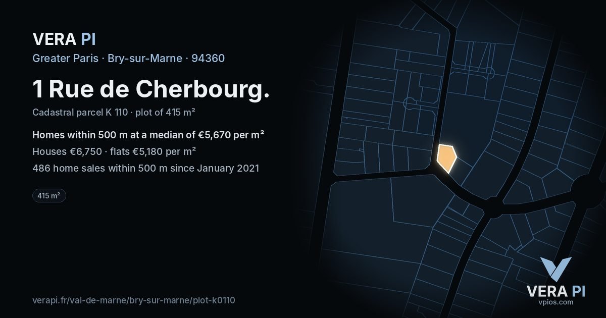 1 Rue de Cherbourg, Bry-sur-Marne at night – the plot lit, the parcels around coloured by the prices near them