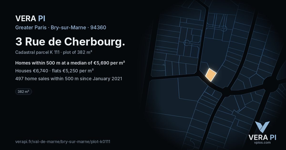 3 Rue de Cherbourg, Bry-sur-Marne at night – the plot lit, the parcels around coloured by the prices near them