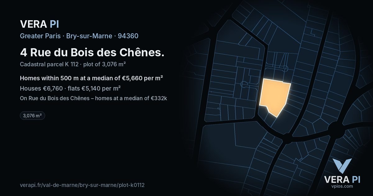 4 Rue du Bois des Chênes, Bry-sur-Marne at night – the plot lit, the parcels around coloured by the prices near them