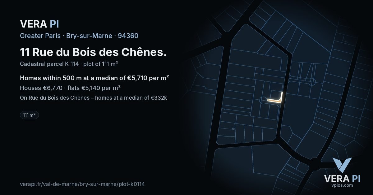 11 Rue du Bois des Chênes, Bry-sur-Marne at night – the plot lit, the parcels around coloured by the prices near them