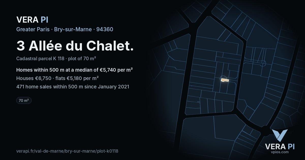 3 Allée du Chalet, Bry-sur-Marne at night – the plot lit, the parcels around coloured by the prices near them