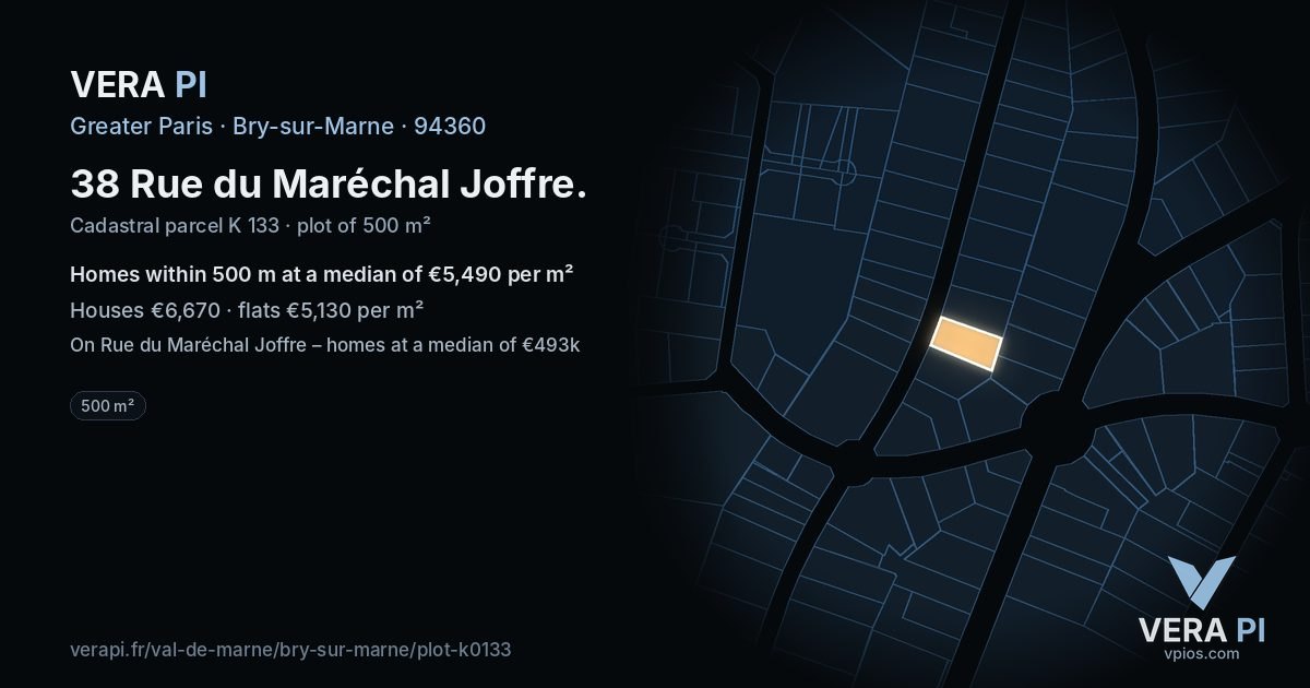 38 Rue du Maréchal Joffre, Bry-sur-Marne at night – the plot lit, the parcels around coloured by the prices near them