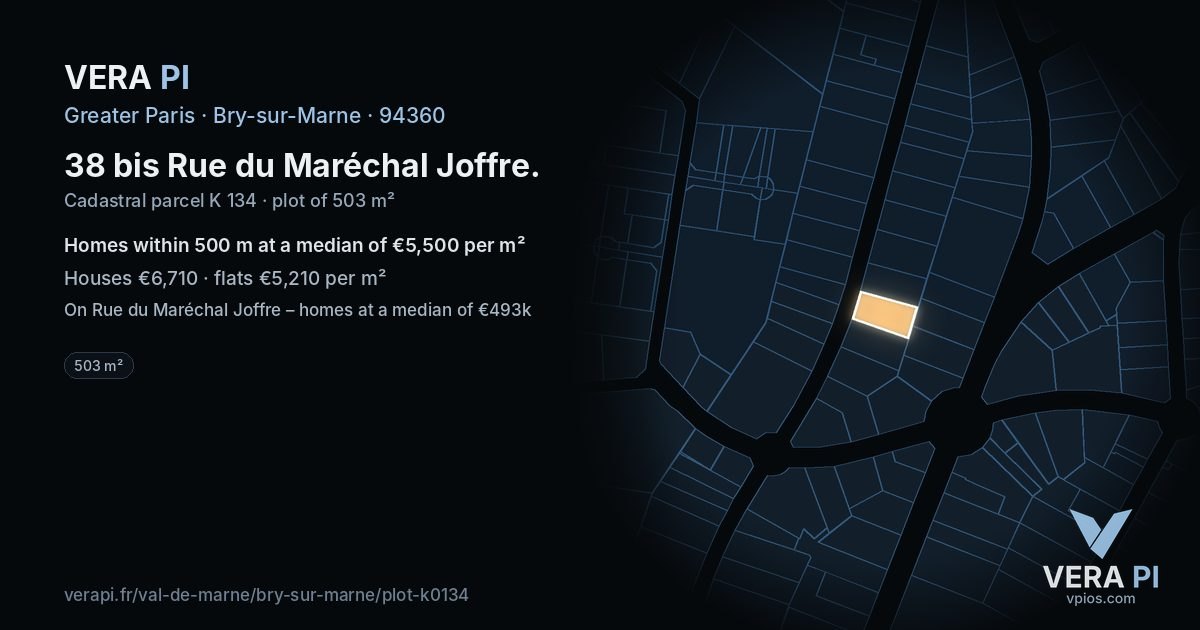 38 bis Rue du Maréchal Joffre, Bry-sur-Marne at night – the plot lit, the parcels around coloured by the prices near them