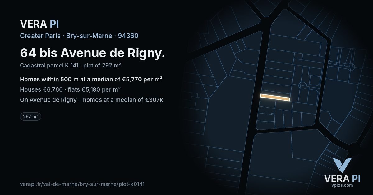 64 bis Avenue de Rigny, Bry-sur-Marne at night – the plot lit, the parcels around coloured by the prices near them