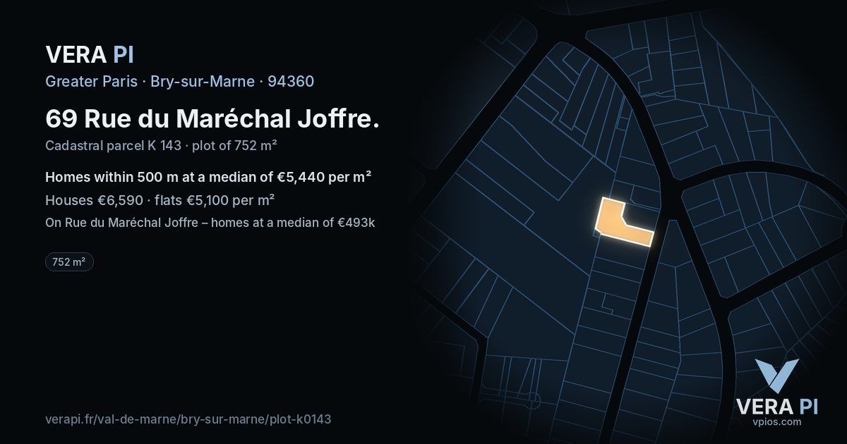 69 Rue du Maréchal Joffre, Bry-sur-Marne at night – the plot lit, the parcels around coloured by the prices near them