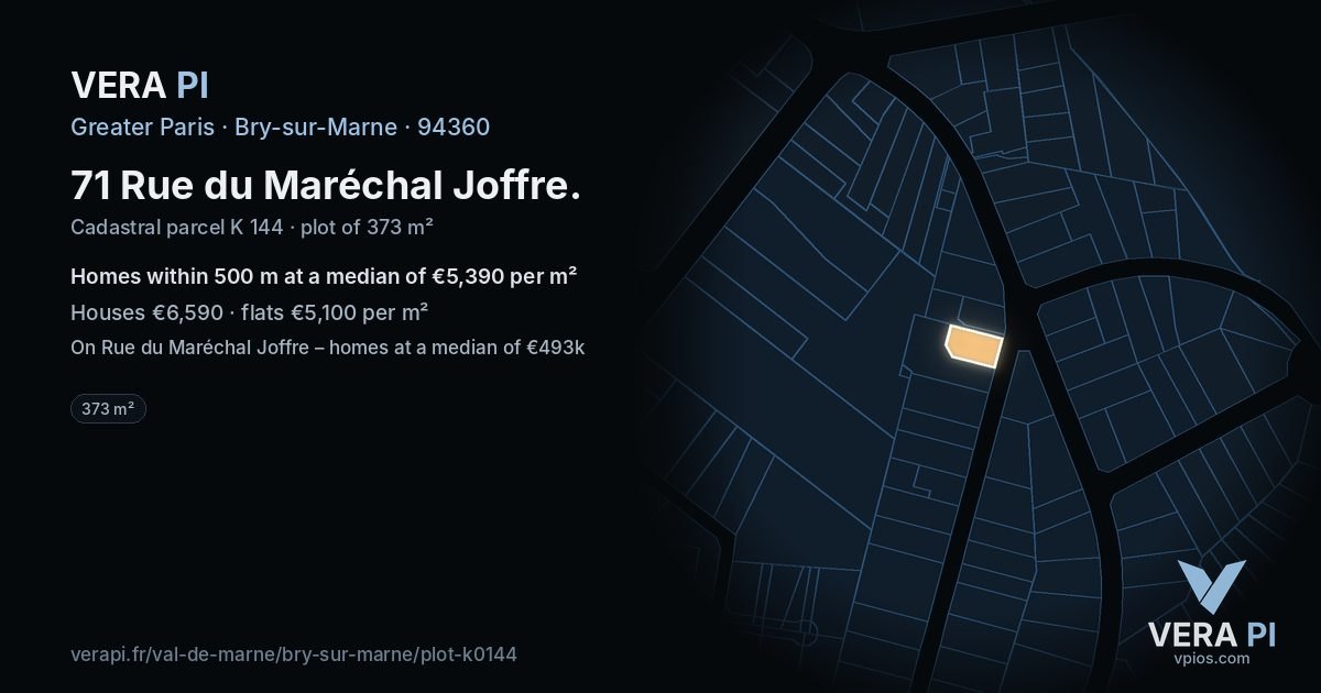 71 Rue du Maréchal Joffre, Bry-sur-Marne at night – the plot lit, the parcels around coloured by the prices near them