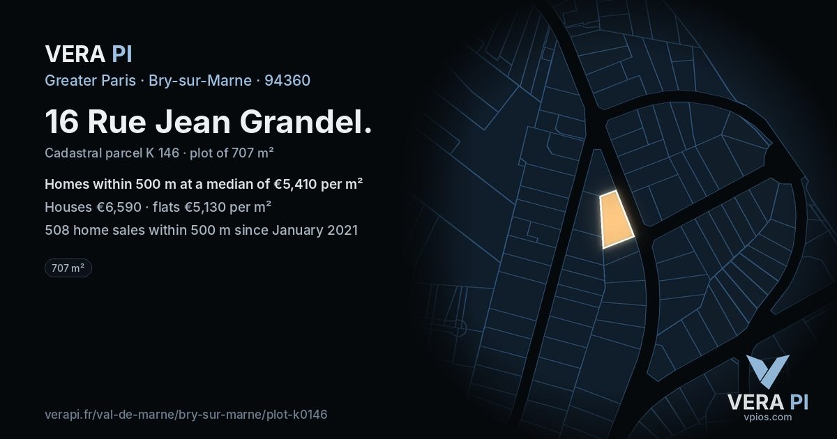 16 Rue Jean Grandel, Bry-sur-Marne at night – the plot lit, the parcels around coloured by the prices near them