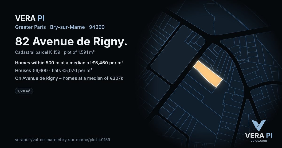82 Avenue de Rigny, Bry-sur-Marne at night – the plot lit, the parcels around coloured by the prices near them