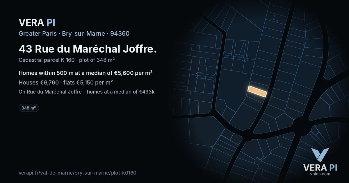 43 Rue du Maréchal Joffre, Bry-sur-Marne at night – the plot lit, the parcels around coloured by the prices near them