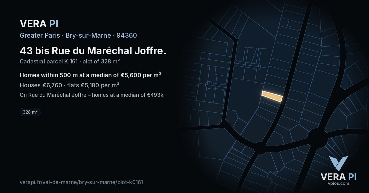 43 bis Rue du Maréchal Joffre, Bry-sur-Marne at night – the plot lit, the parcels around coloured by the prices near them