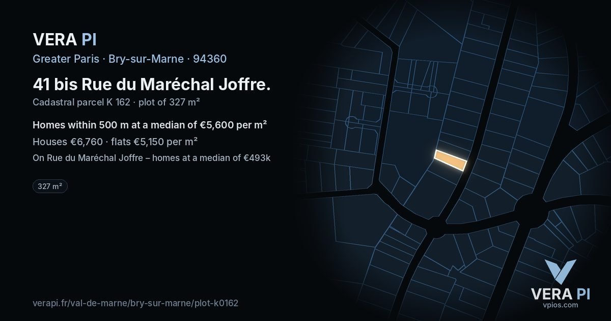 41 bis Rue du Maréchal Joffre, Bry-sur-Marne at night – the plot lit, the parcels around coloured by the prices near them