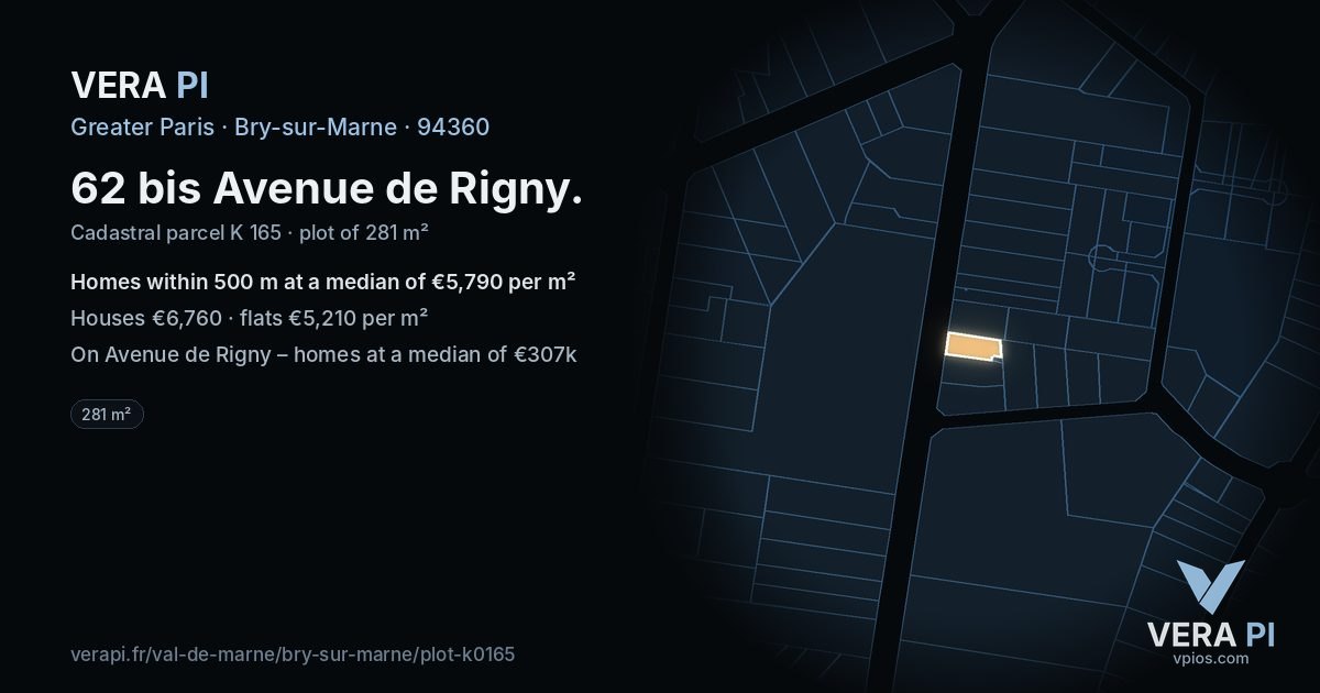 62 bis Avenue de Rigny, Bry-sur-Marne at night – the plot lit, the parcels around coloured by the prices near them