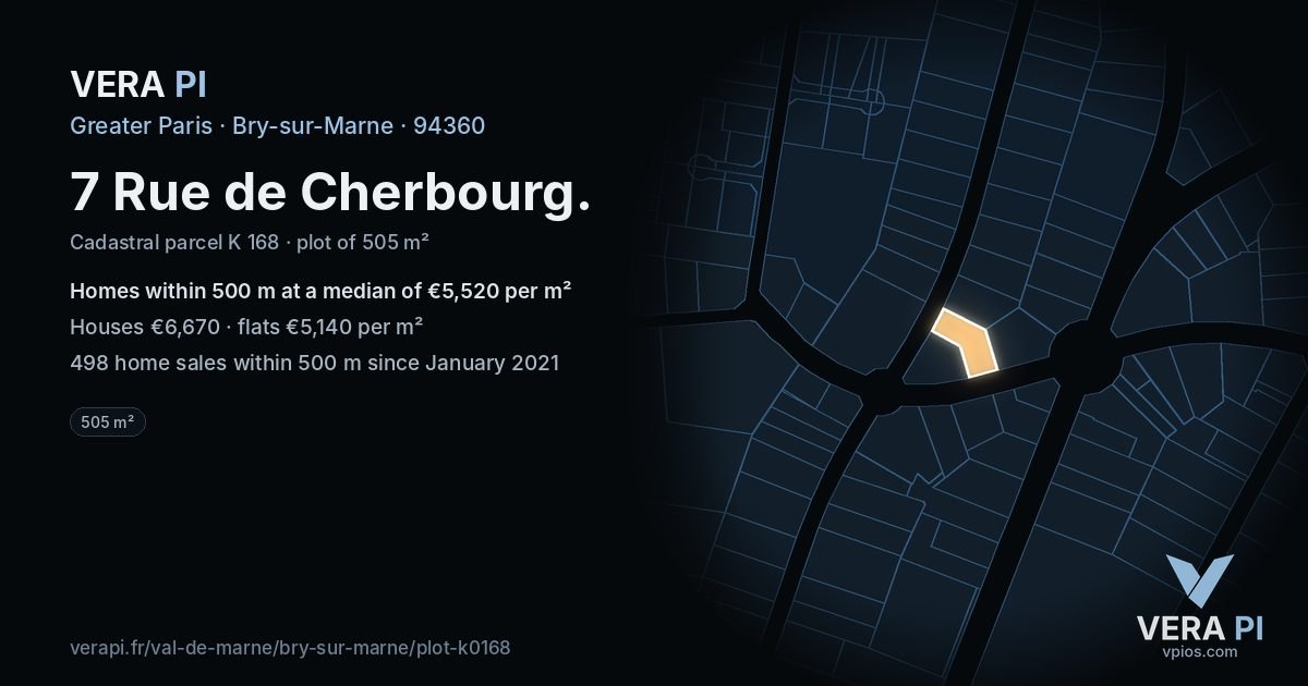 7 Rue de Cherbourg, Bry-sur-Marne at night – the plot lit, the parcels around coloured by the prices near them