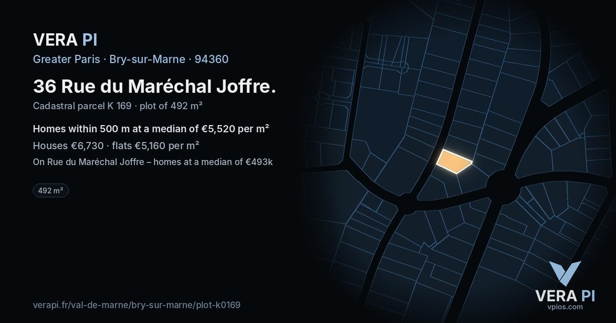 36 Rue du Maréchal Joffre, Bry-sur-Marne at night – the plot lit, the parcels around coloured by the prices near them