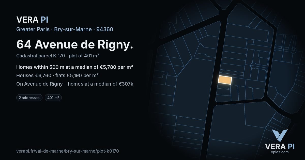 64 Avenue de Rigny, Bry-sur-Marne at night – the plot lit, the parcels around coloured by the prices near them