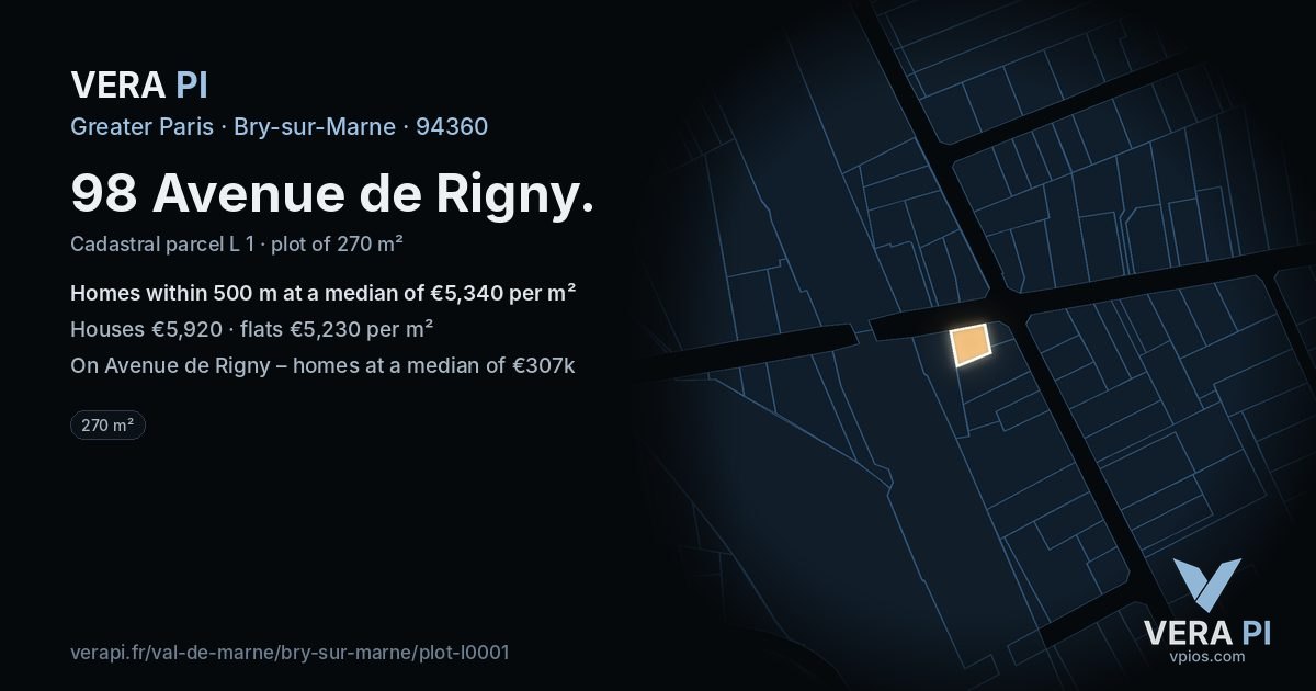 98 Avenue de Rigny, Bry-sur-Marne at night – the plot lit, the parcels around coloured by the prices near them