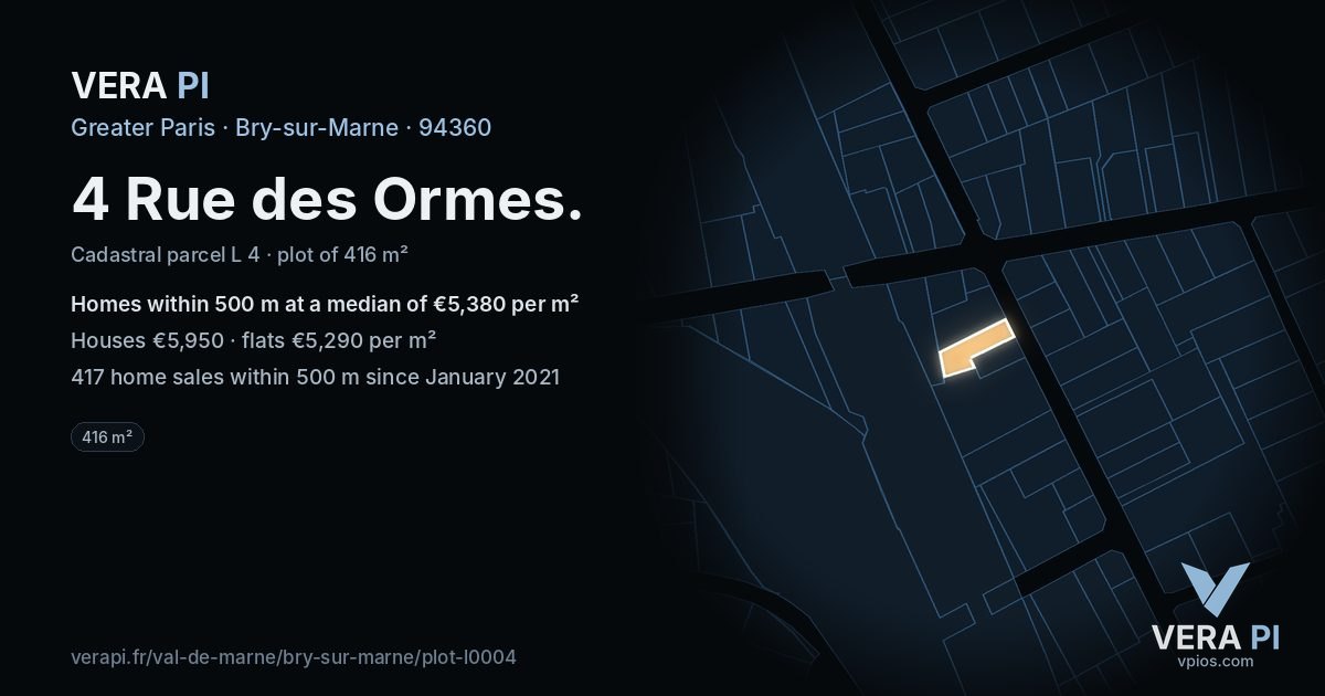 4 Rue des Ormes, Bry-sur-Marne at night – the plot lit, the parcels around coloured by the prices near them