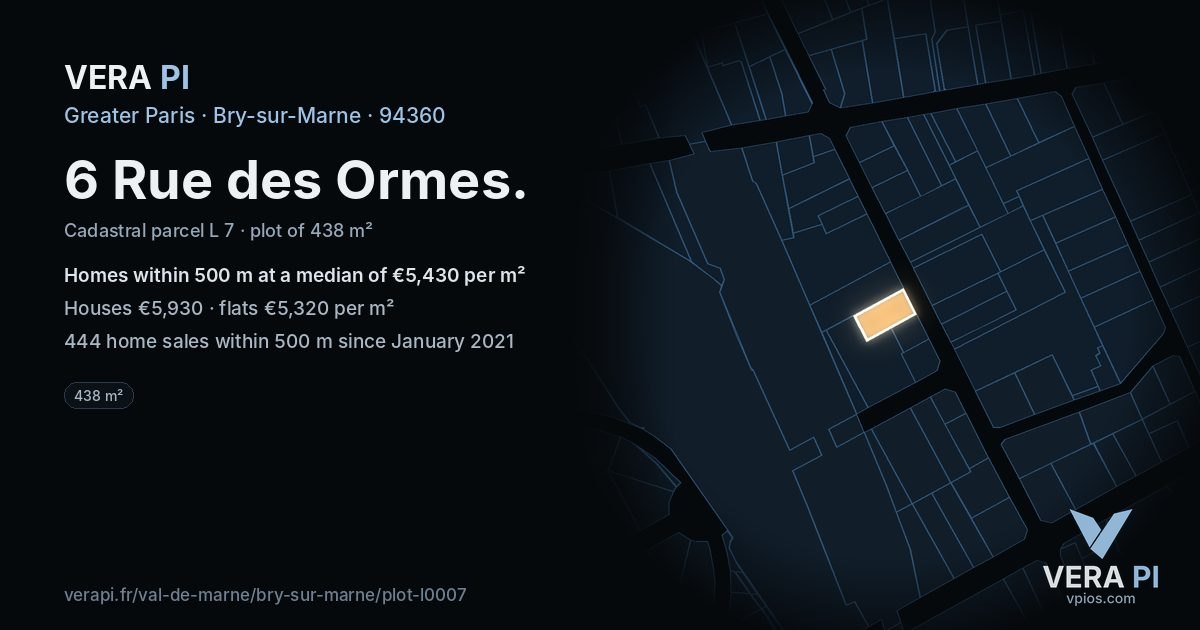 6 Rue des Ormes, Bry-sur-Marne at night – the plot lit, the parcels around coloured by the prices near them
