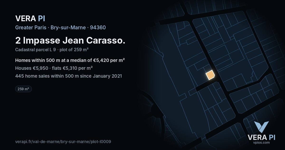 2 Impasse Jean Carasso, Bry-sur-Marne at night – the plot lit, the parcels around coloured by the prices near them