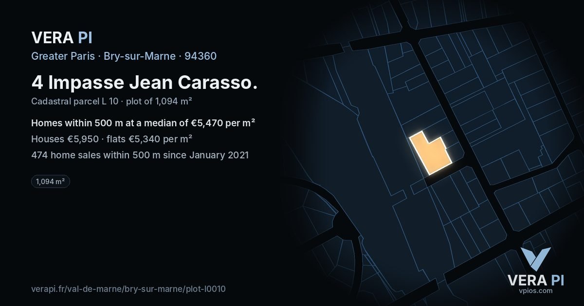 4 Impasse Jean Carasso, Bry-sur-Marne at night – the plot lit, the parcels around coloured by the prices near them