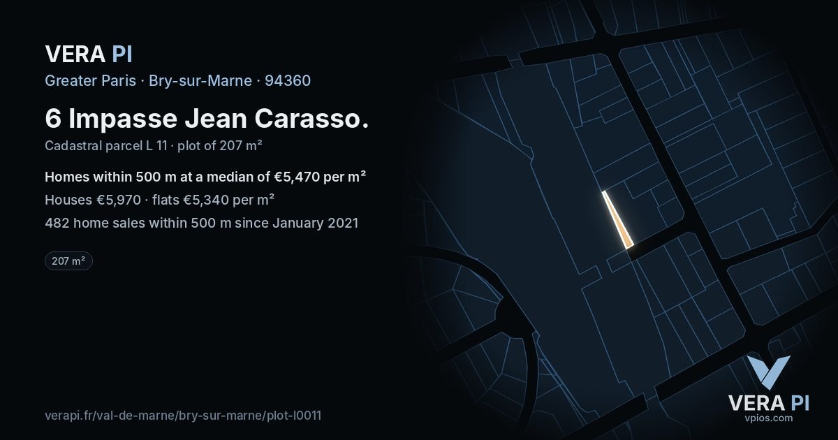 6 Impasse Jean Carasso, Bry-sur-Marne at night – the plot lit, the parcels around coloured by the prices near them