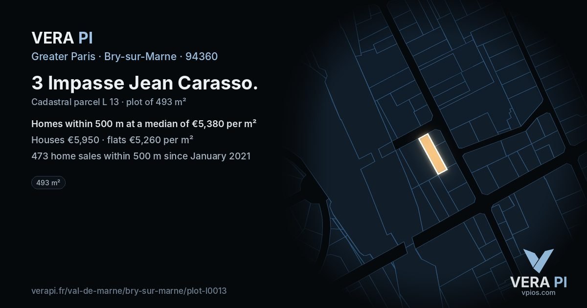 3 Impasse Jean Carasso, Bry-sur-Marne at night – the plot lit, the parcels around coloured by the prices near them