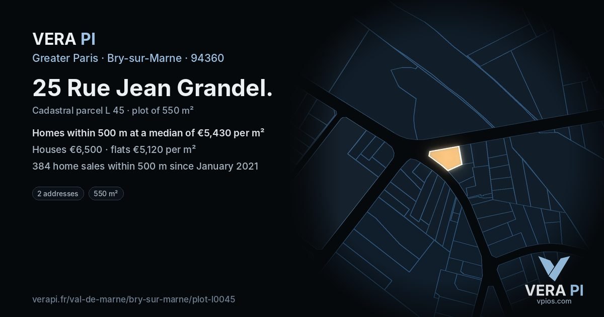 25 Rue Jean Grandel, Bry-sur-Marne at night – the plot lit, the parcels around coloured by the prices near them